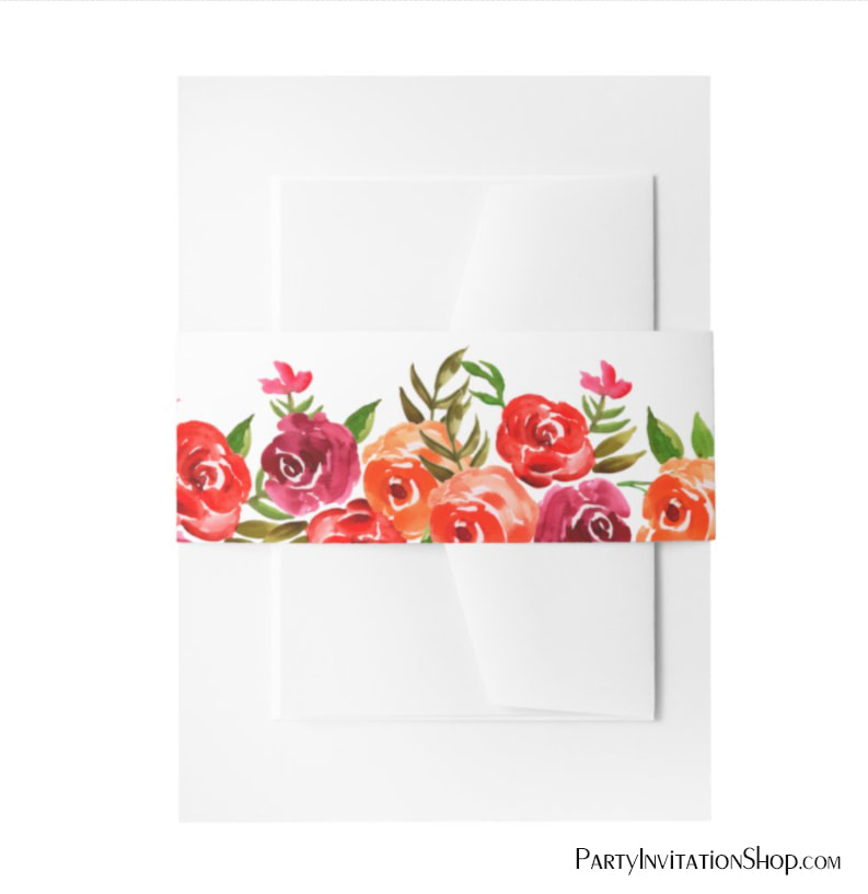 Watercolor Floral Red Orange Invitation Belly Bands