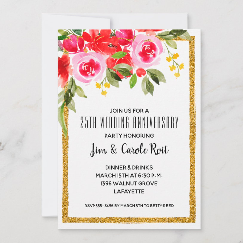 Watercolor Floral Wedding Anniversary Invitations with a gold glitter border - change the wording to fit your occasion! See all the matching items at PartyInvitationShop.com