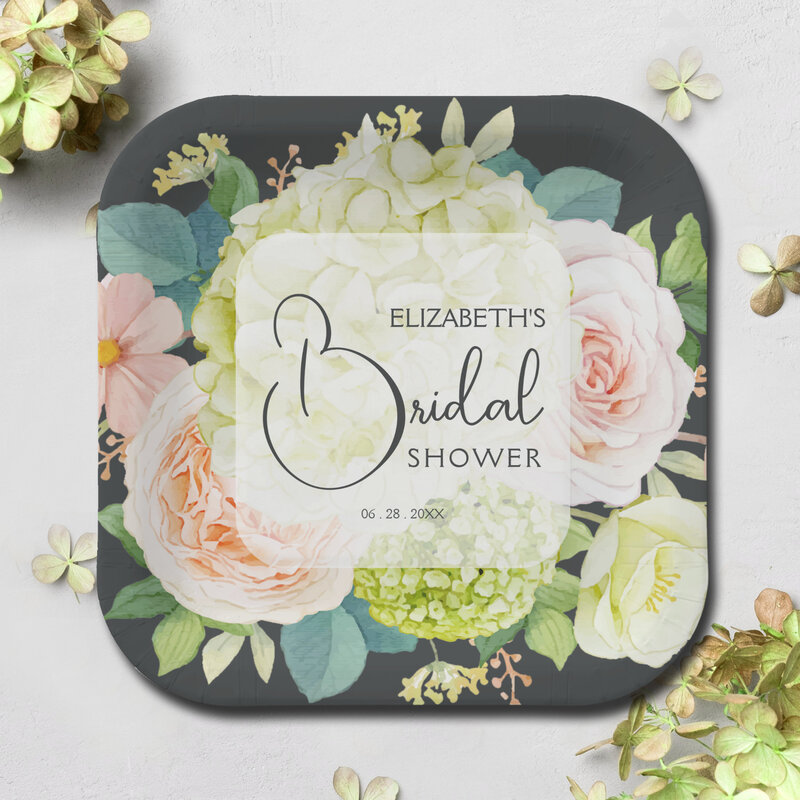 Watercolor Florals on Brown Bridal Shower Paper Plates