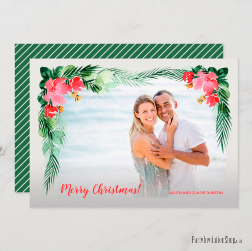 Tropical Pink and Green Christmas Photo Cards