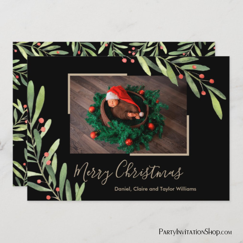Watercolor Greenery Christmas Photo Holiday Cards