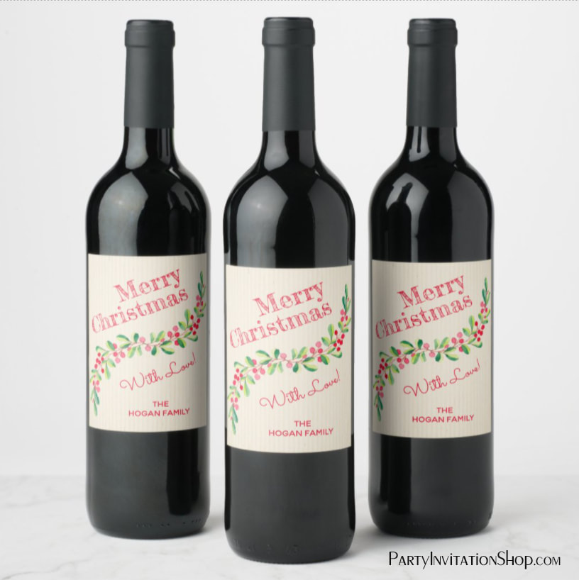 Watercolor Greenery Holiday Wine Labels