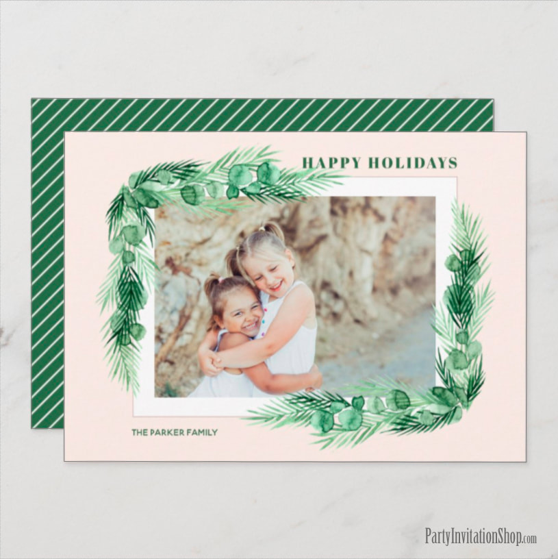 Greenery on Pink Watercolor Christmas Holiday Photo Card