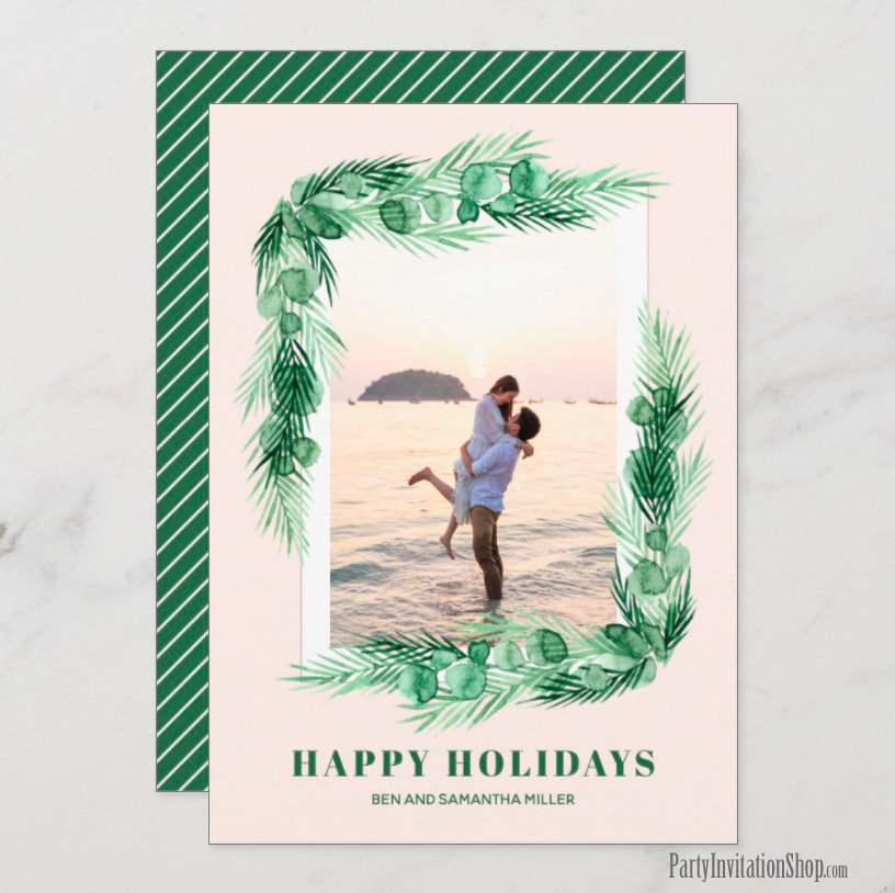 Greenery on Pink Watercolor Christmas Holiday Photo Card