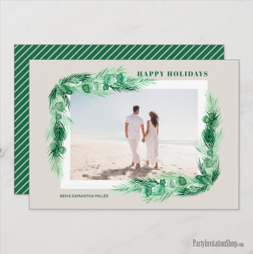 Watercolor Greens Happy Holiday Photo Cards
