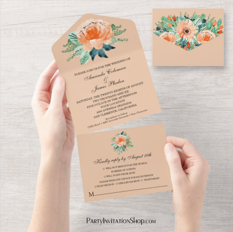 Watercolor Peach Floral All In One Invitations