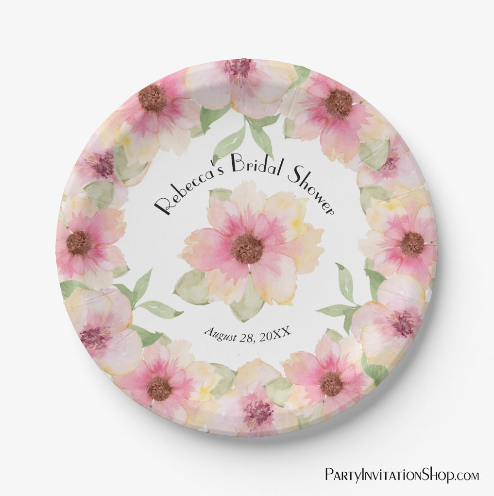 Watercolor Pink Blush Flowers Paper Plates