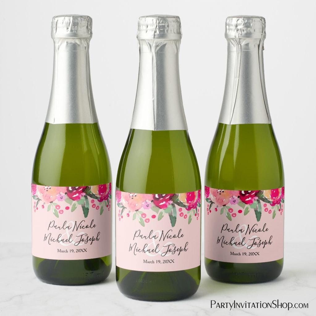 Watercolor Pink Floral Personalized Wedding Custom Mini Champagne Label