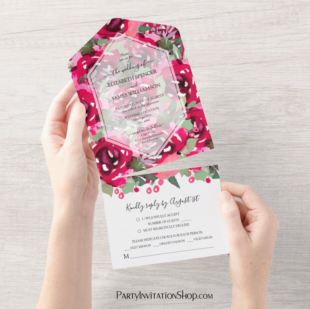 Watercolor Pink Floral Wedding All In One Invitation