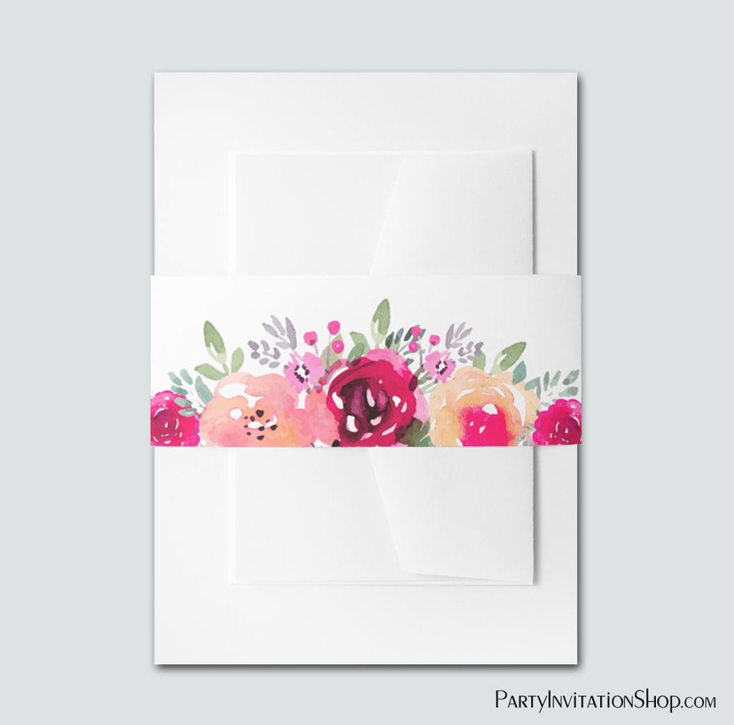 Elegant Watercolor Pink Flowers Invitation Belly Bands