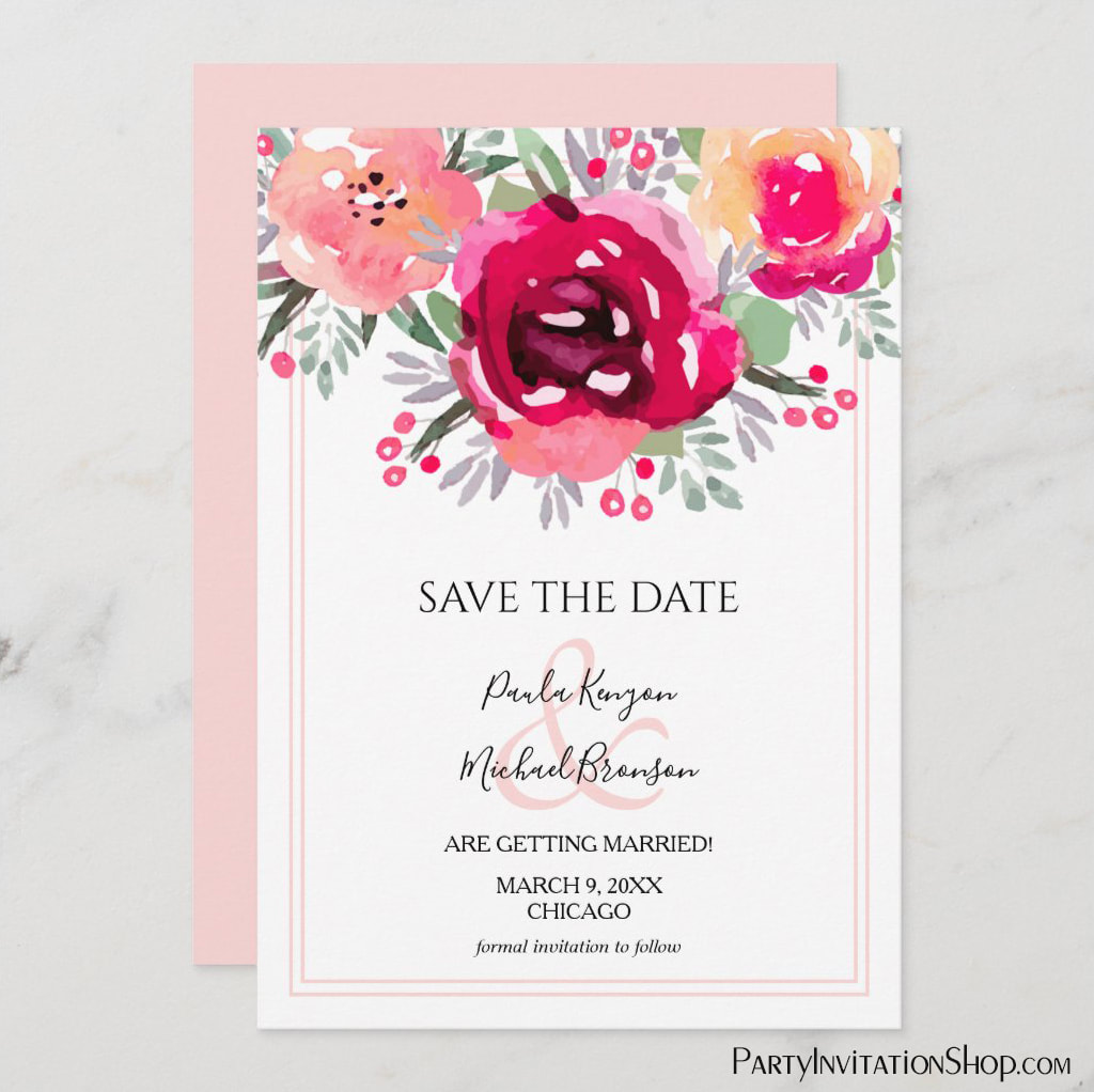 Watercolor Pink Garden Floral Save the Date Cards