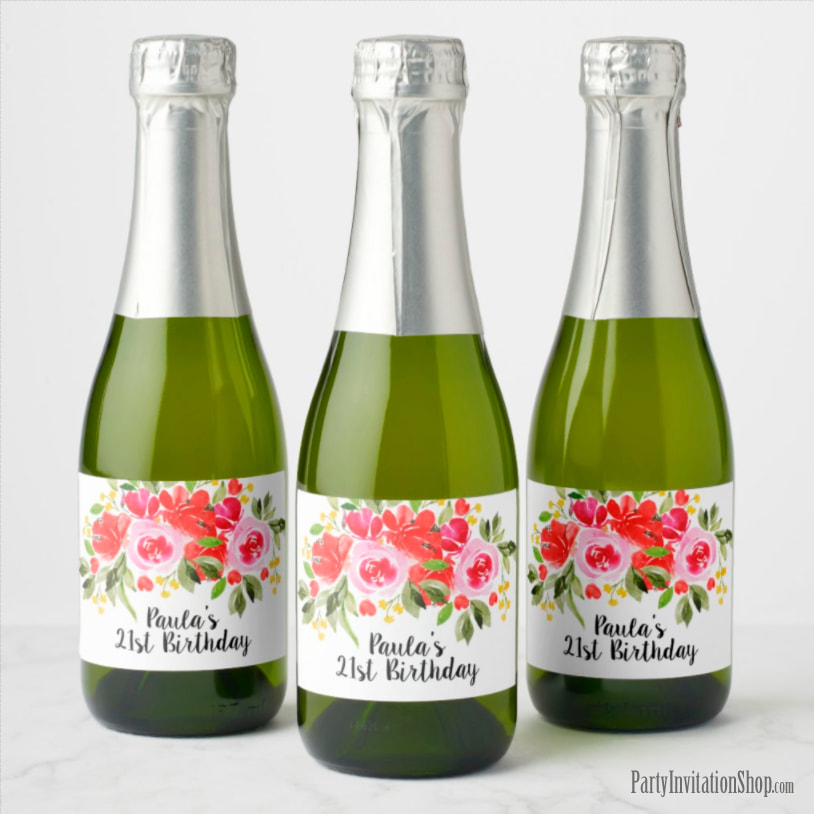 Pink Red Watercolor Floral Mini Champagne Labels Personalized