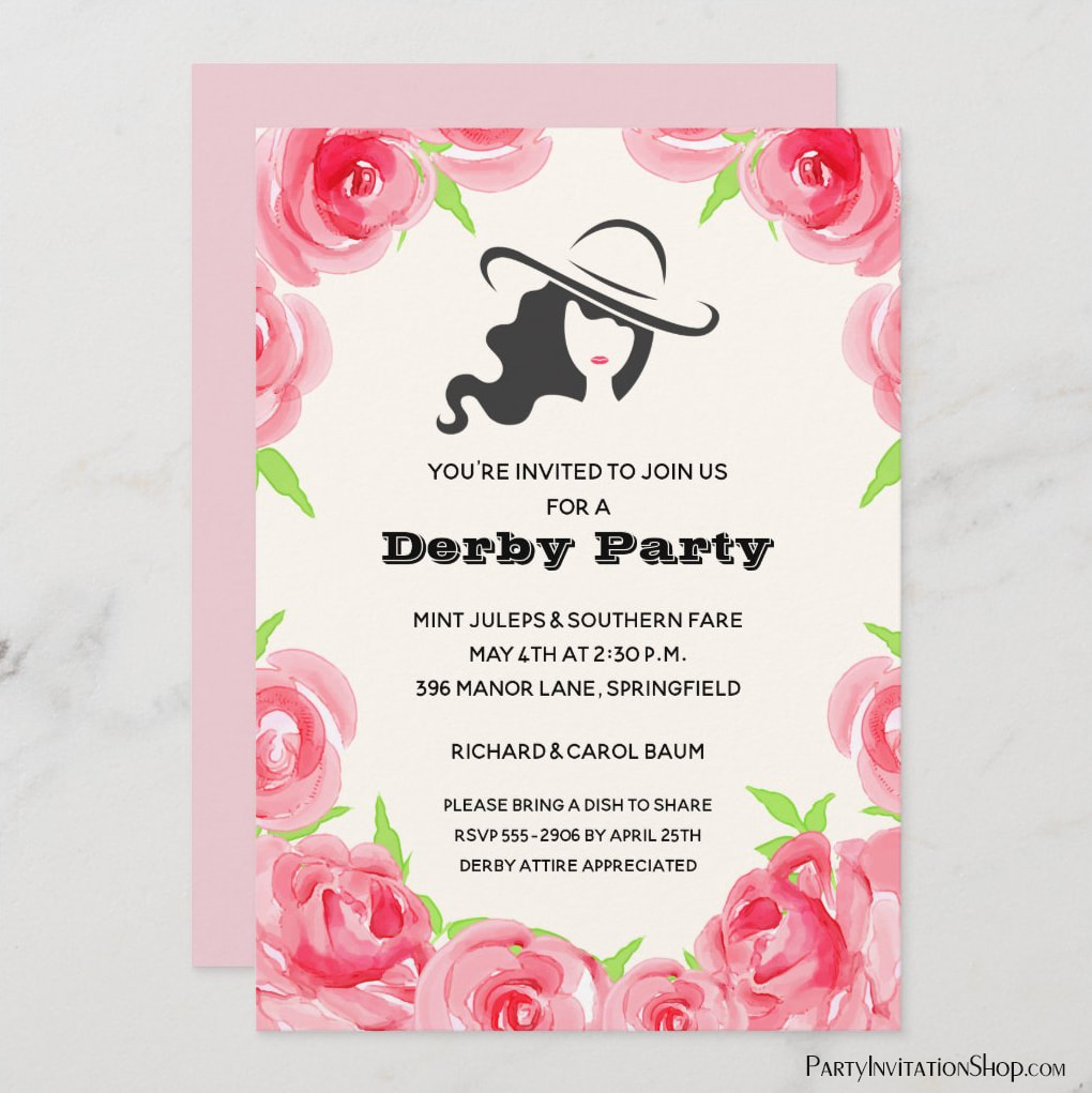 Big Hat Lady and Roses Kentucky Derby Party Invitations, Derby Bridal Shower Invitations + Party Supplies, Favor Boxes and more. PartyInvitationShop.com