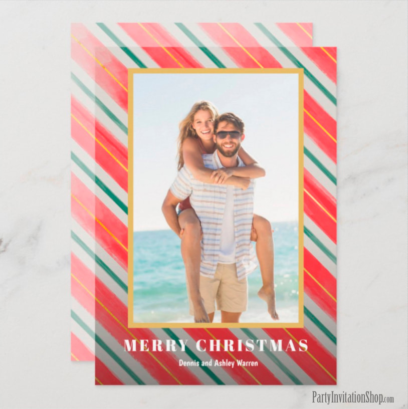 Christmas Watercolor Stripes Photo Holiday Card
