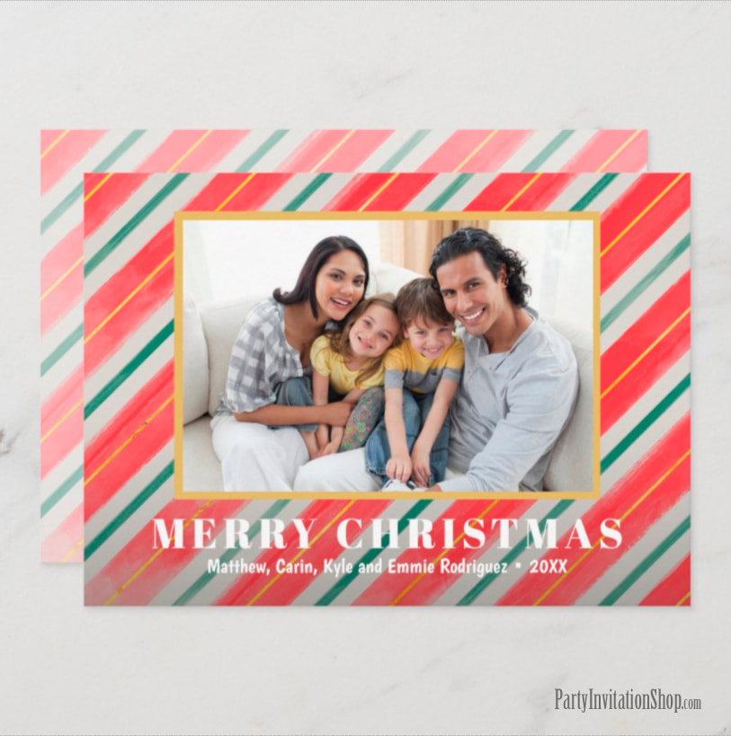 Christmas Watercolor Stripes Photo Holiday Card