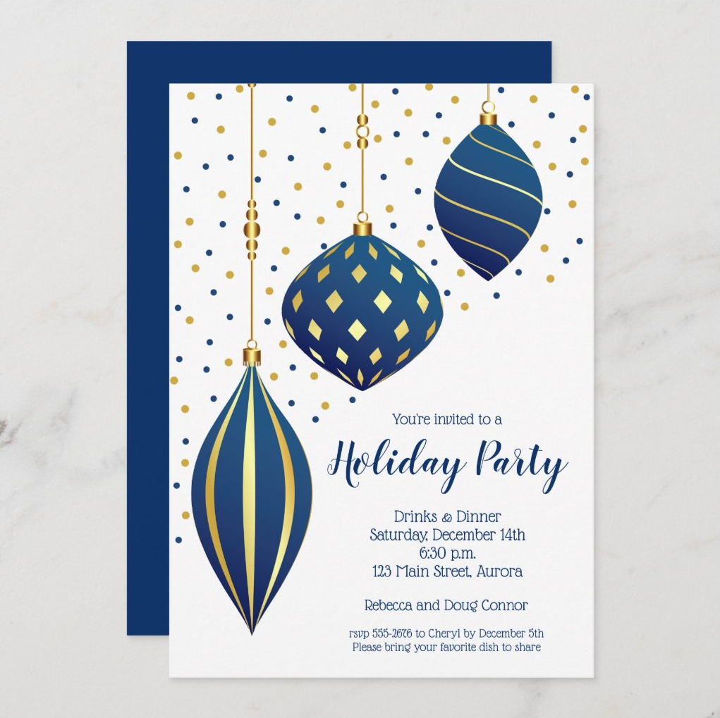 Blue and Gold Ornament and Dots Christmas Holiday Invitations and Party Supplies. Shop PartyInvitationShop.com