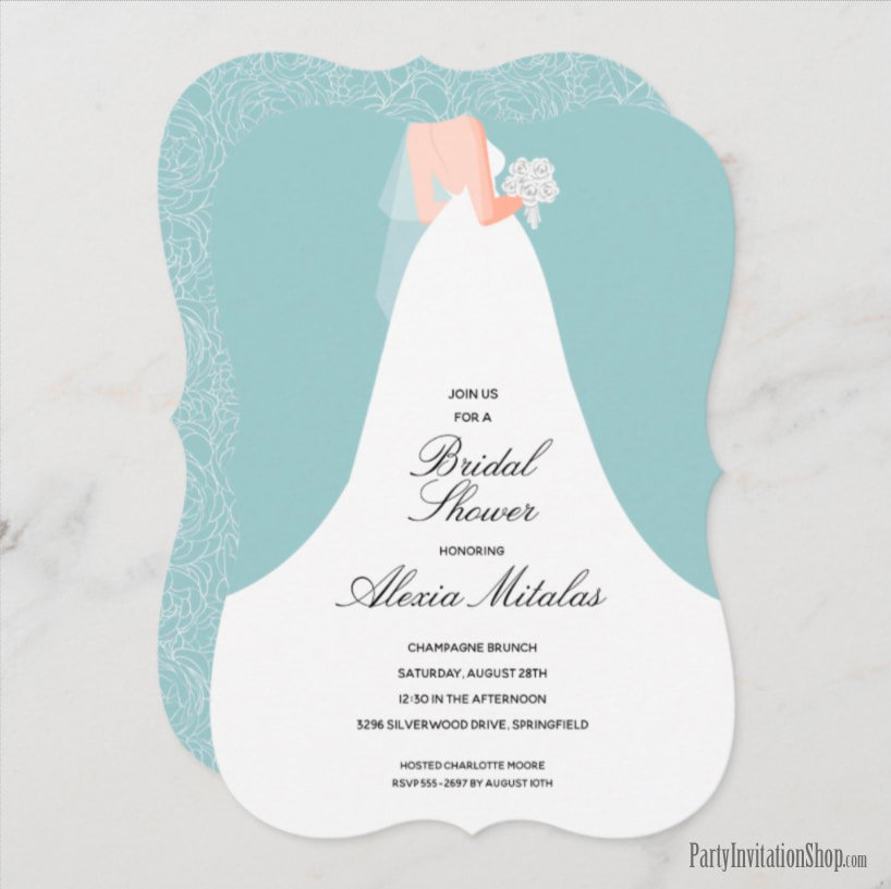 Wedding Dress on Dusty Blue Bridal Shower Invitations
