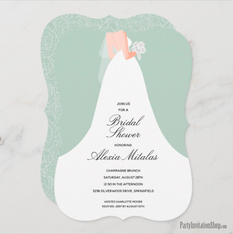 Wedding Dress on Eucalyptus Green Bridal Shower Invitations
