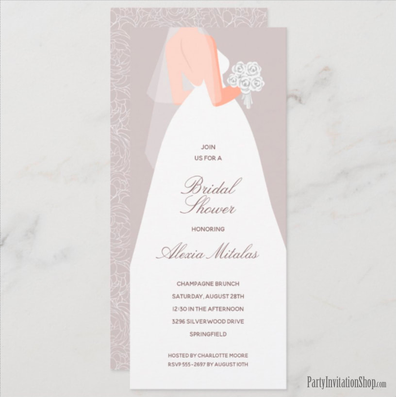 Wedding Dress on Gray Lilac Long Bridal Shower Invitations