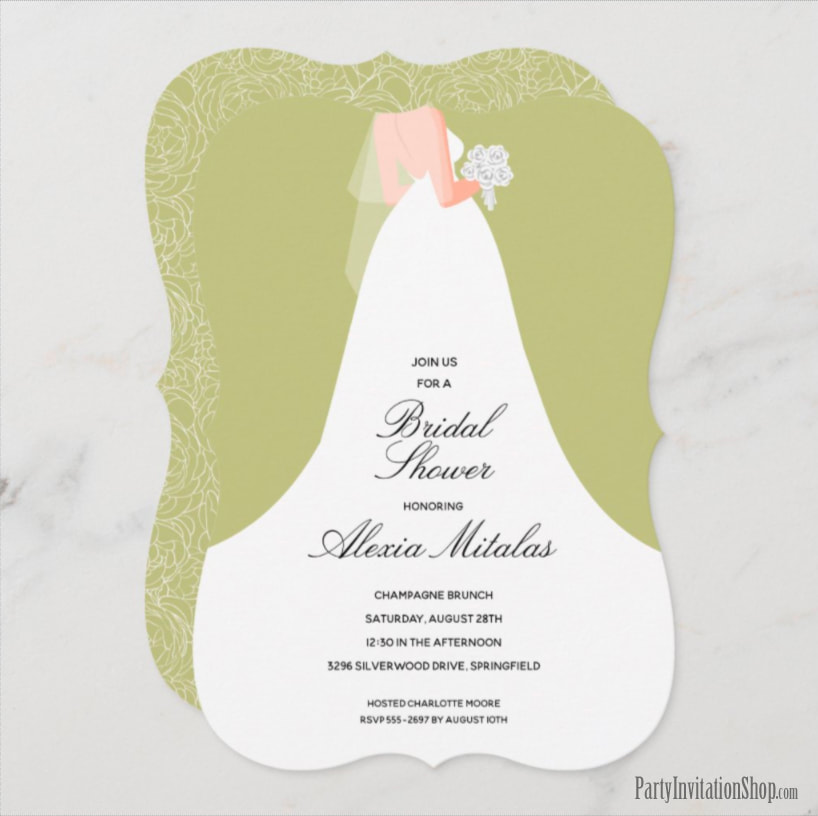 Wedding Dress on Green Bridal Shower Invitations