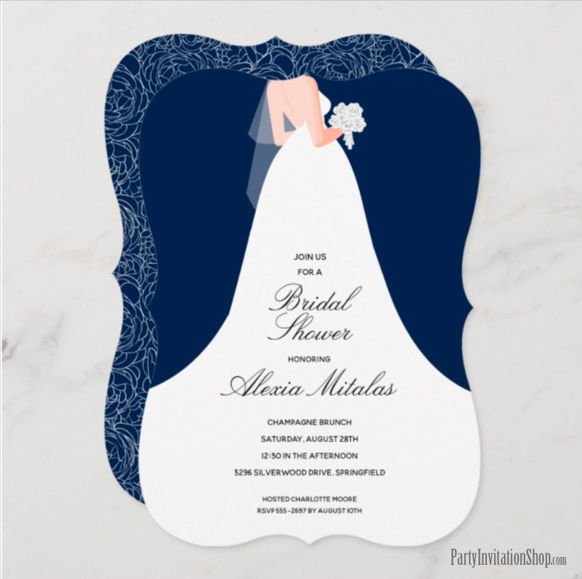 Wedding Dress on Navy Blue Bridal Shower Invitations