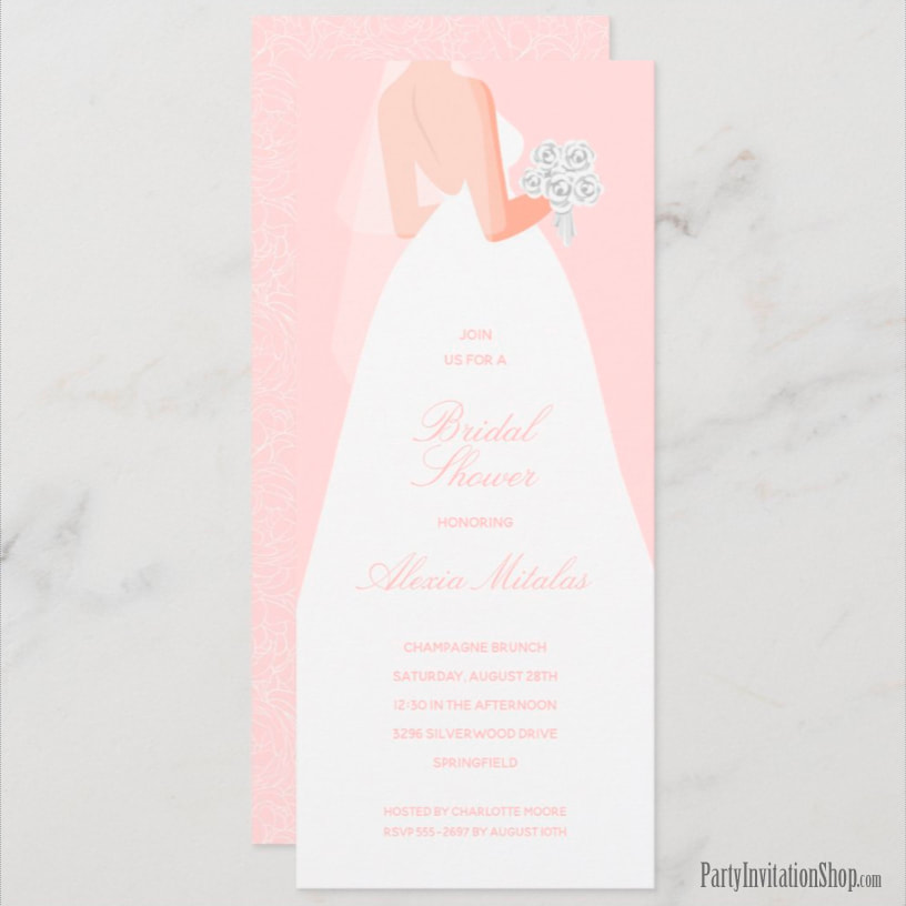 Wedding Dress on Pink Long Bridal Shower Invitations