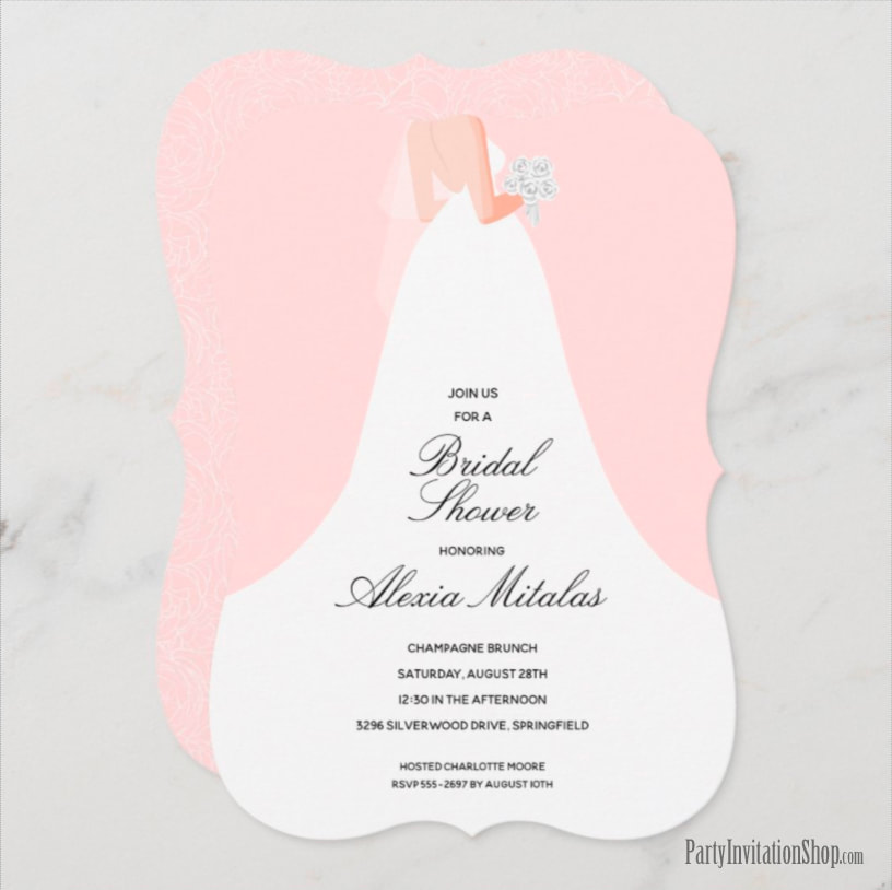 Wedding Dress on Pink Bridal Shower Invitations