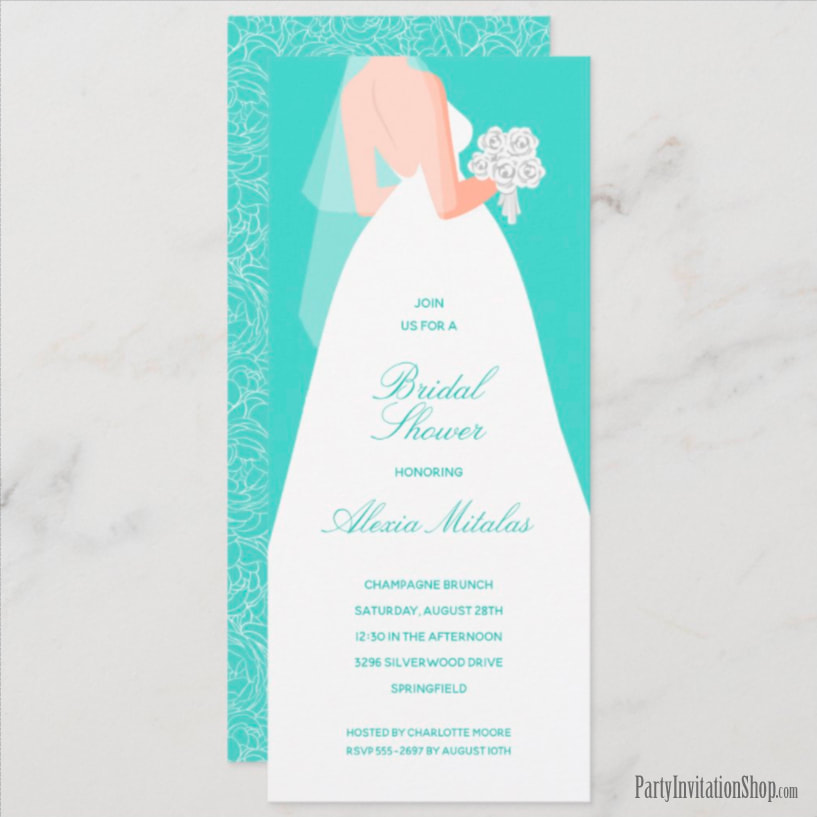 Wedding Dress on Turquoise Long Bridal Shower Invitations