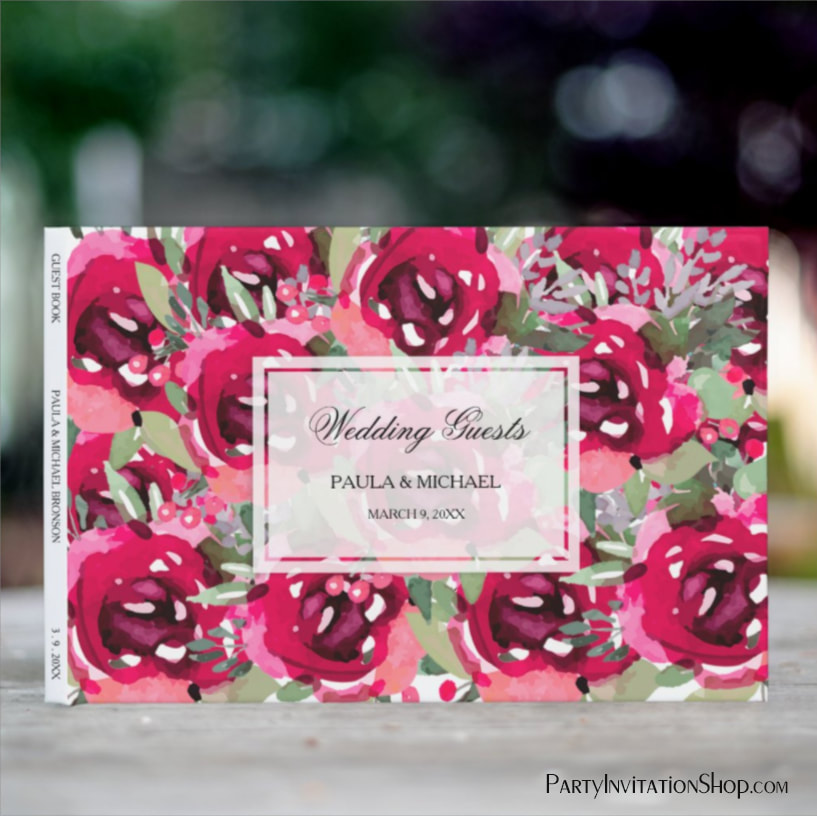 Watercolor Hot Pink Floral Wedding Guest Book