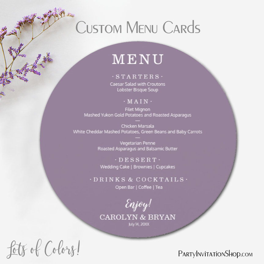 Simple Lilac Lavender Elegant Round Wedding Dinner Menu Cards