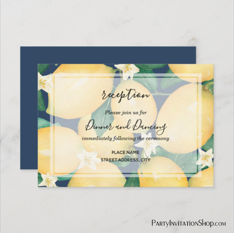 Boho Lemons on Navy Blue Leaves Wedding Reception Enclosure Cards
