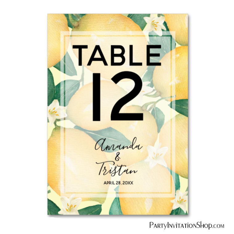 Lemons and Leaves Watercolor Wedding Table Numbers