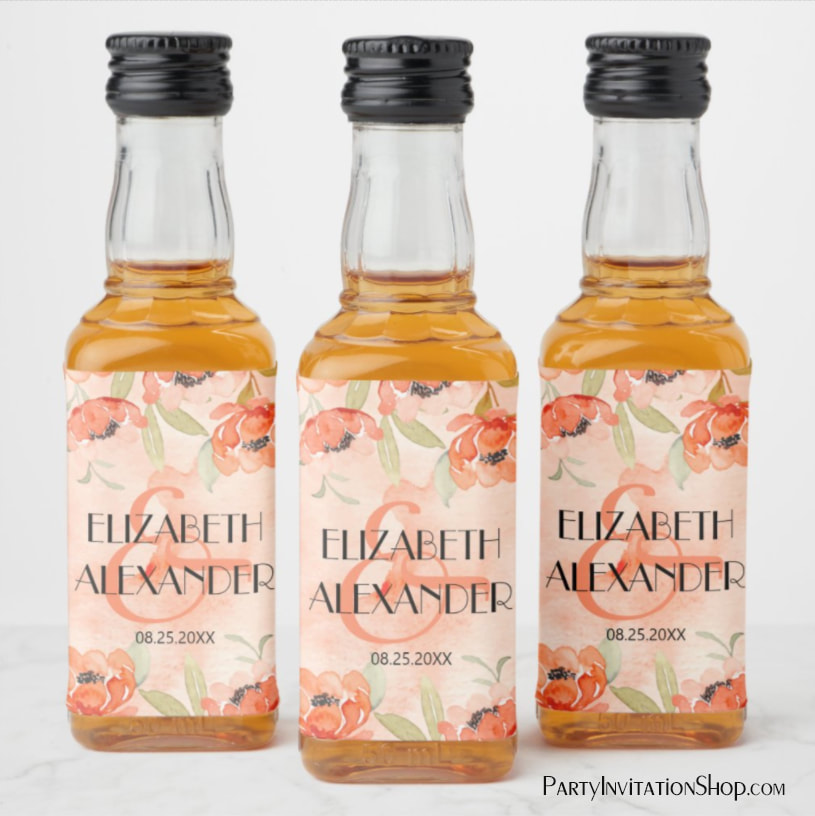 Watercolor Orange Floral Wedding Mini Liquor Bottle Labels