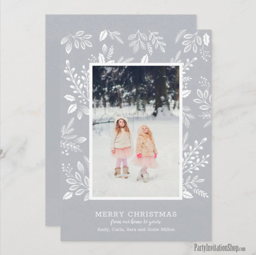 Dots and White Leaves on Silver Gray Photo Cards