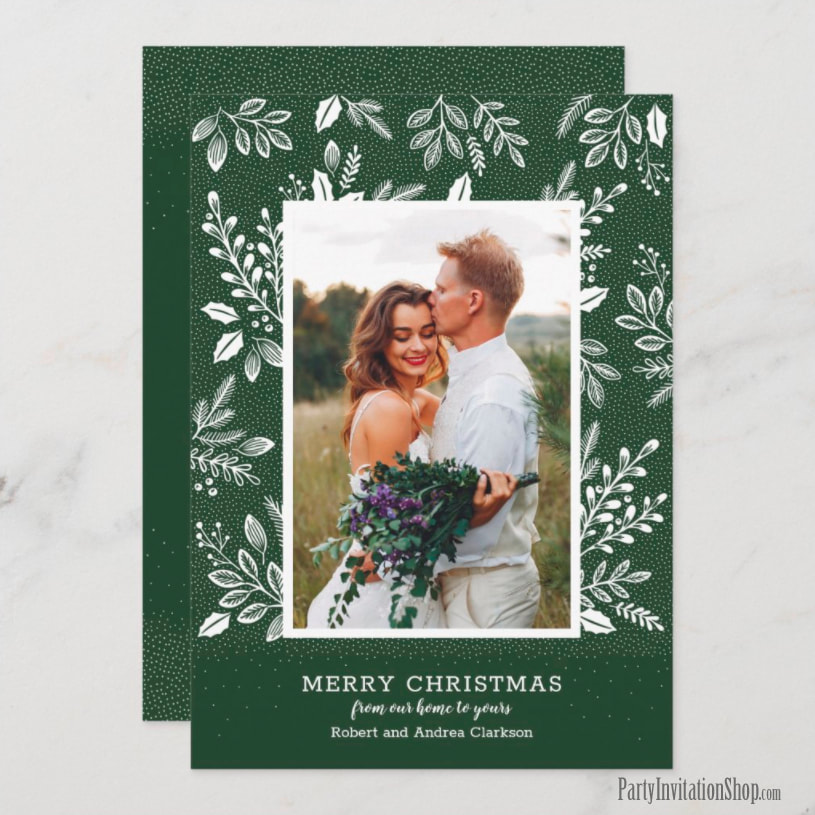 Dots and White Leaves on Green Holiday Photo Cards