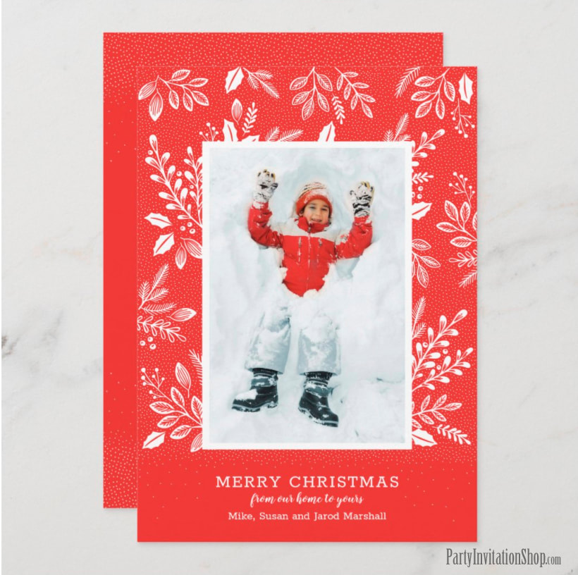 Dots and White Leaves on Red Holiday Photo Cards