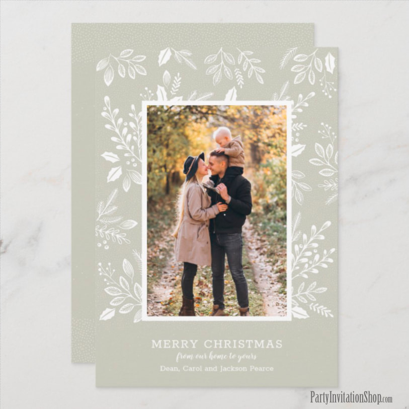 Dots and White Leaves on Sage Photo Cards