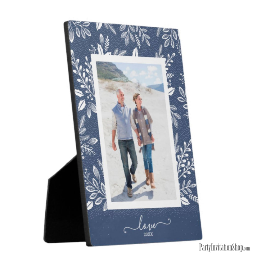 White Botanicals on Blue Tabletop Easel Photo Plaque
