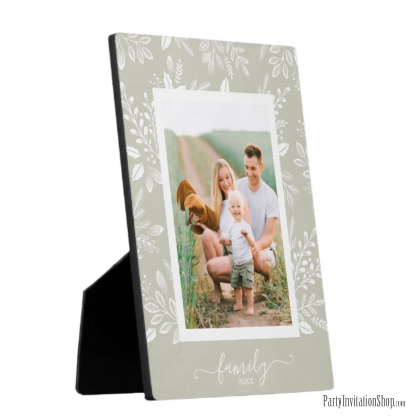 White Botanicals on Sage Green Tabletop Easel Photo Plaque