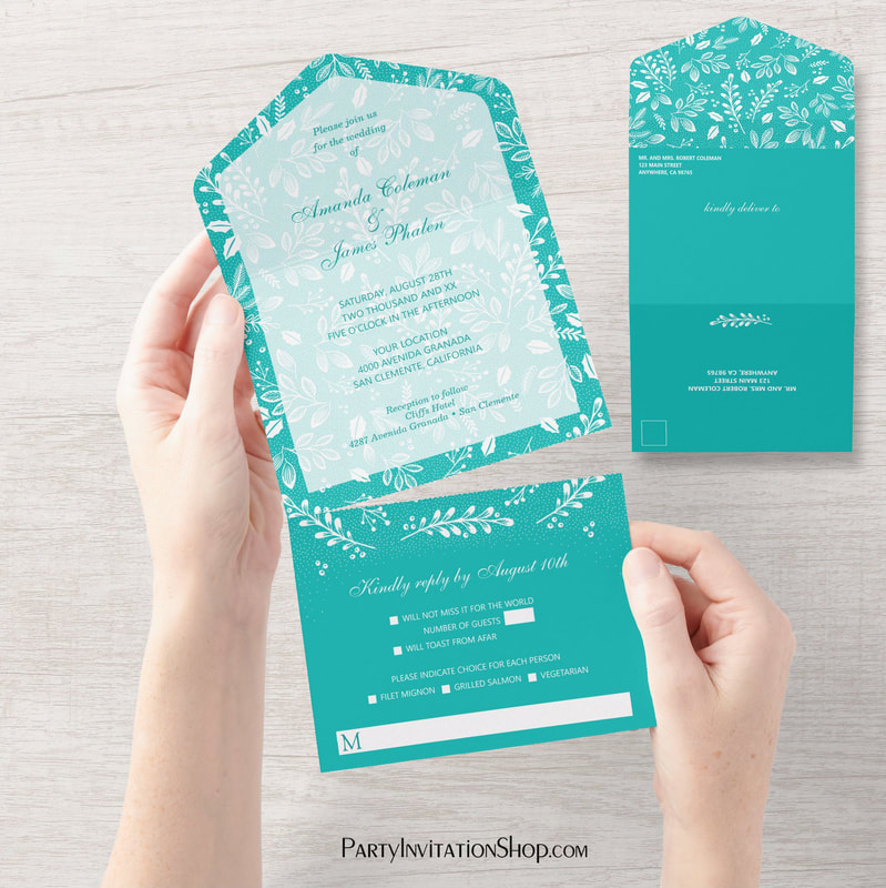 White Botanicals Turquoise No Envelopes Wedding All In One Invitations