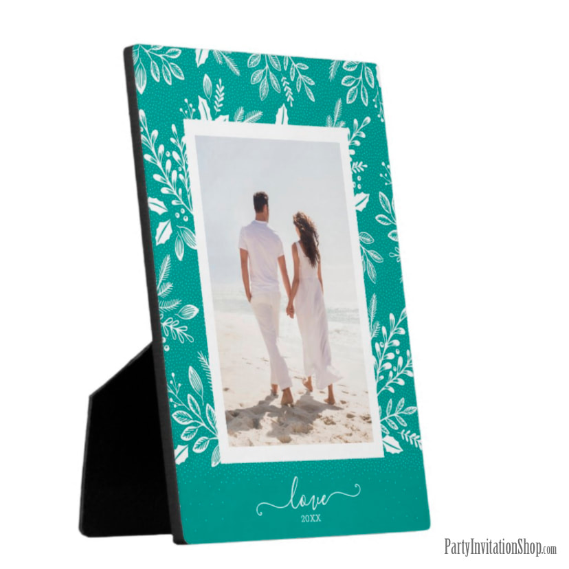 White Botanicals on Turquoise Tabletop Easel Photo Plaque