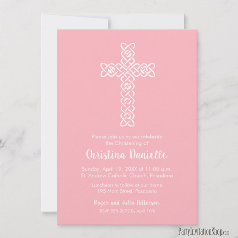 White Cross on Pink Religious Invitations