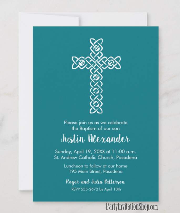 White Cross on Teal First Communion, Baptism, Christening Invitations