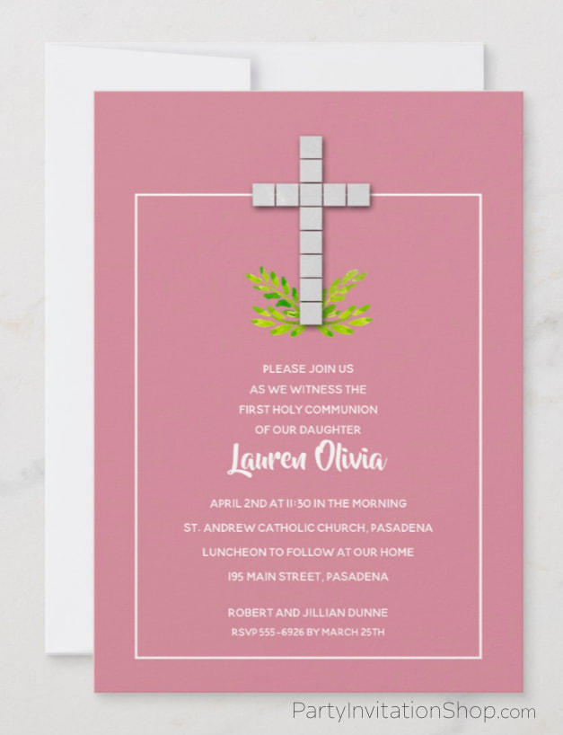 White Cross on Dusty Rose First Communion Invitations at PartyInvitationShop.com