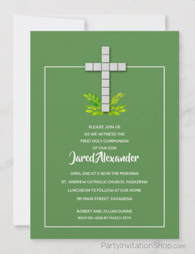 White Cross on Green First Communion Invitations at PartyInvitationShop.com