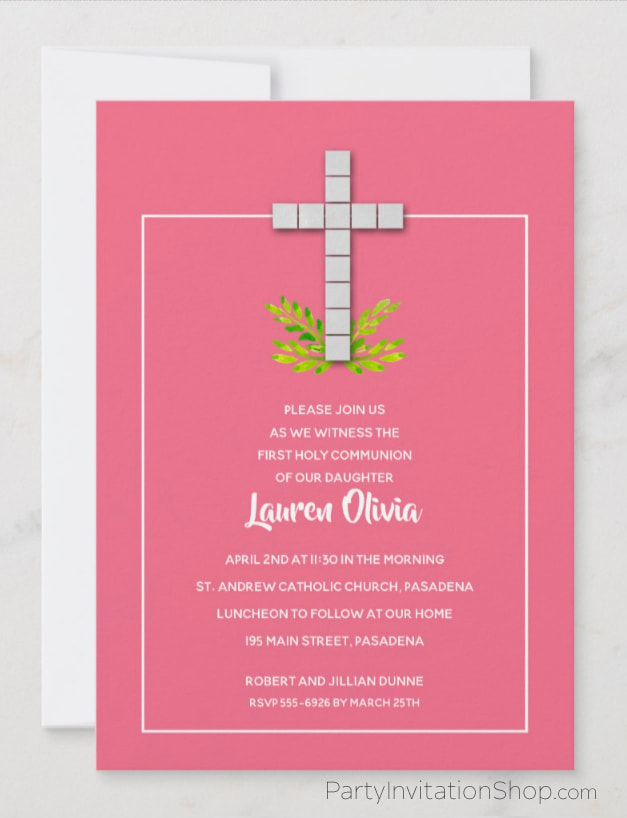 White Cross on Hot Pink First Communion Invitations at PartyInvitationShop.com