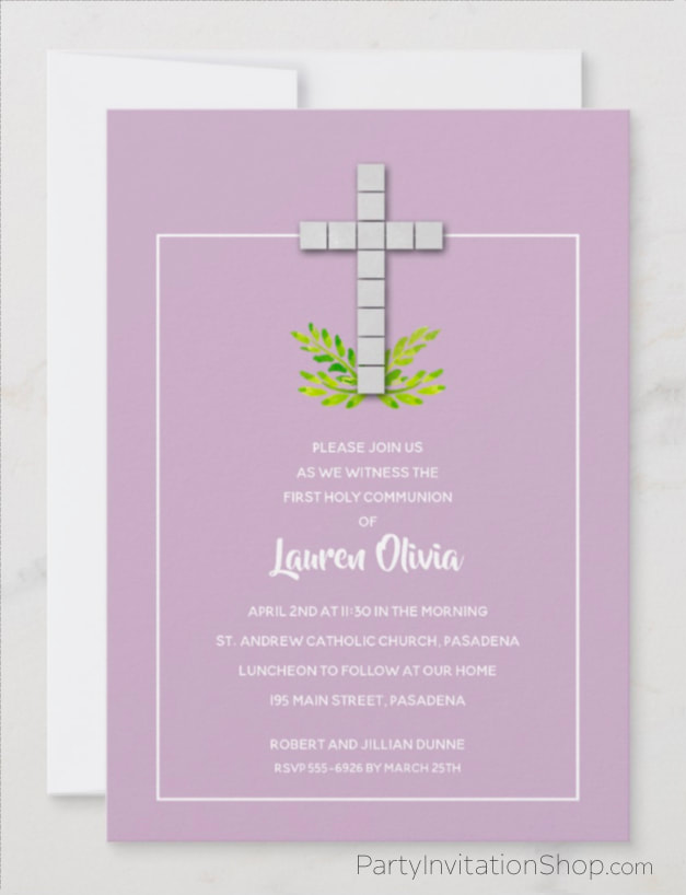 White Cross on Lavender First Communion Invitations at PartyInvitationShop.com