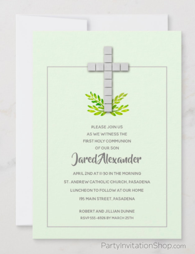 White Cross on Mint Green First Communion Invitations at PartyInvitationShop.com