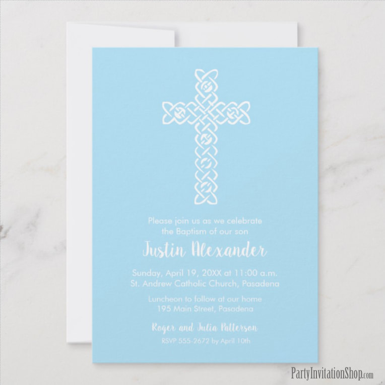 White Cross on Pale Blue First Communion Invitations