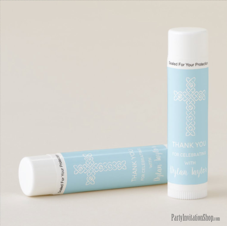 White Cross on Pale Blue First Communion Lip Balm Party Favors